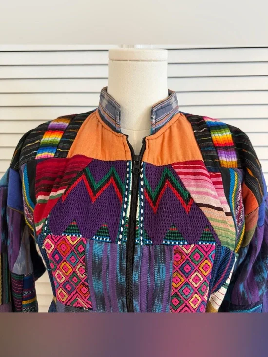 Vintage ALFA Hand-Woven Guatemalan Patchwork Cotton Bomber Jacket - Picture 2 of 5